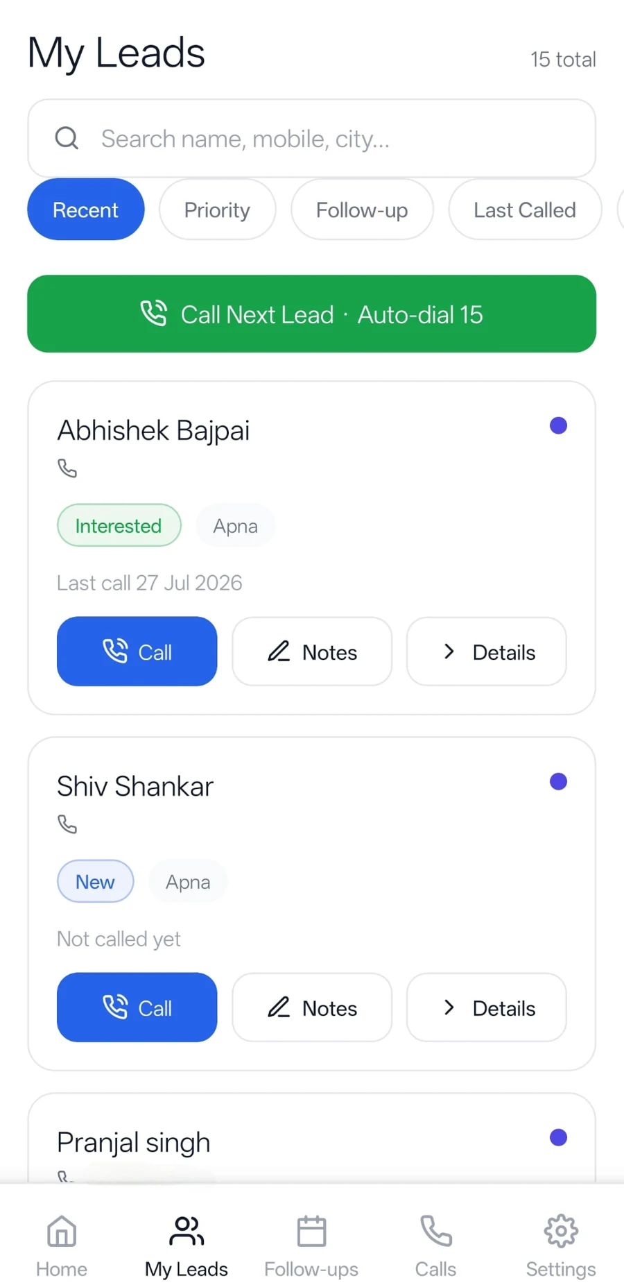 Lead Management screen in the Callzuri app