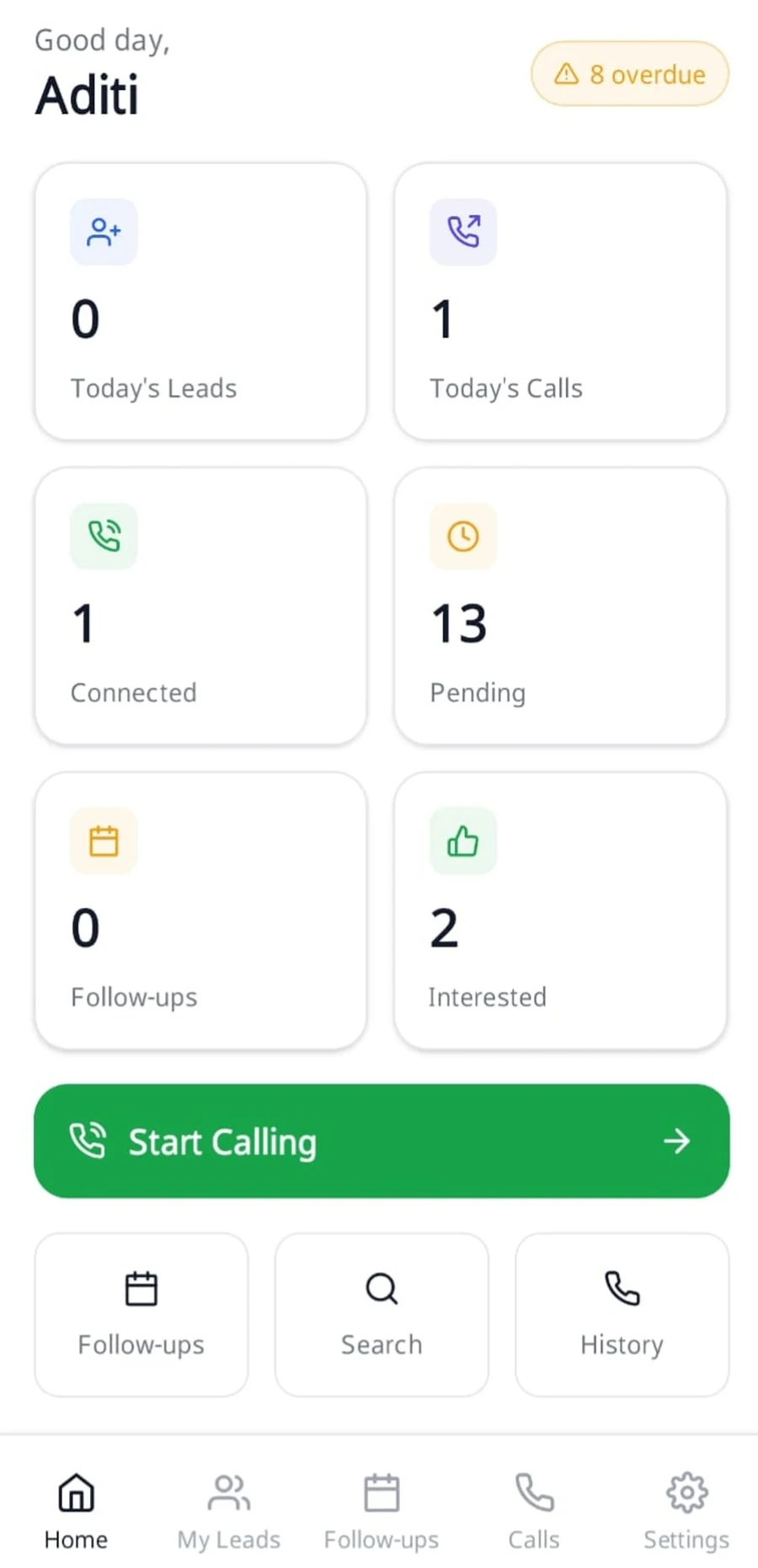 Callzuri CRM home screen on Android