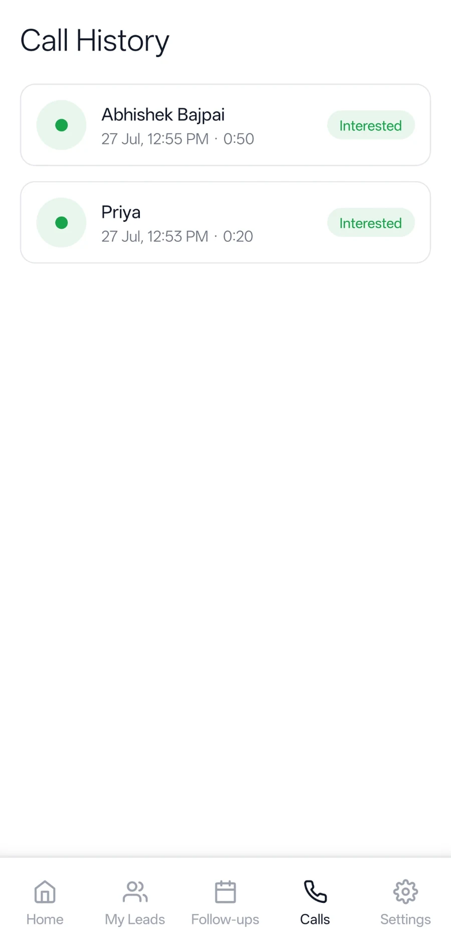 Call Tracking screen in the Callzuri app